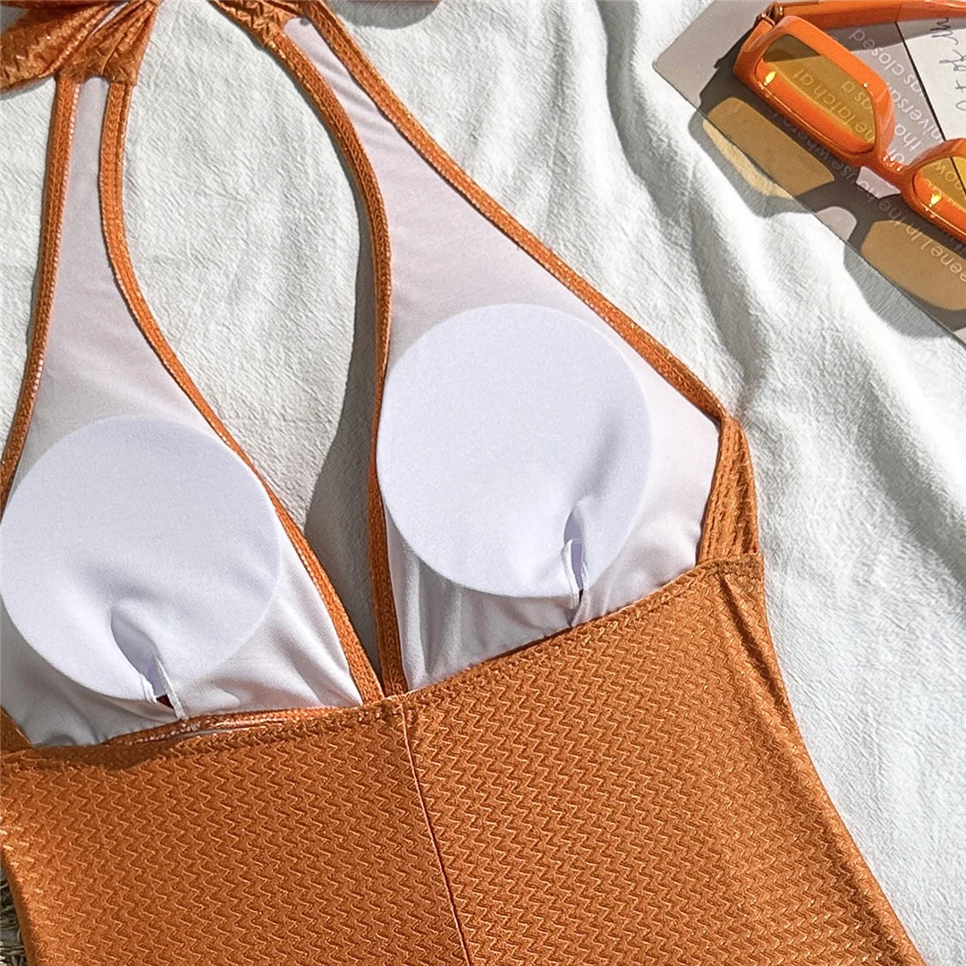 V-Ausschnitt, Neckholder, geraffter Einteiler-Badeanzug, Damen-Bademode, rückenfreier Monokini, hoher Beinausschnitt, Badeanzug, Badebekleidung, V7568 – Detail 12