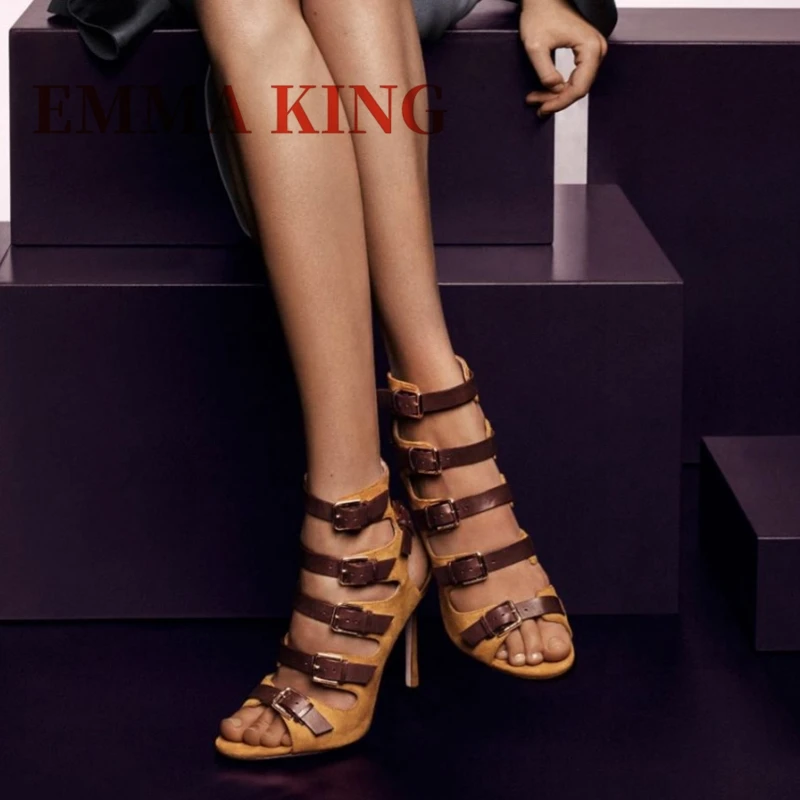 

Женские босоножки на каблуке с пряжкой и несколькими ремешками, сексуальные желтые замшевые босоножки с открытым носком на шпильке, женские туфли-лодочки для подиума, новинка 2023 года