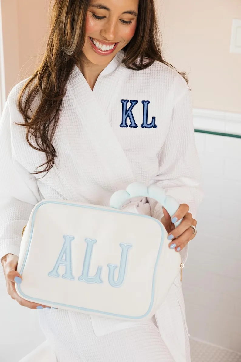 

Embroidered Monogram Waffle Knit Robe with Applique Luxury Personalized Monogrammed Robe Cozy Gift for Her