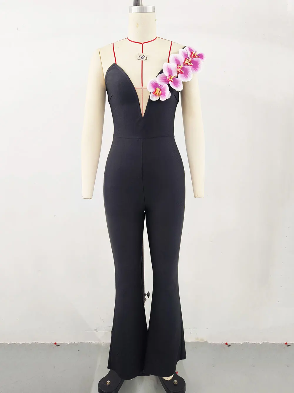 2024 Sexy Women'S Three-Dimensional Flower Decoration Jumpsuit Strapless Sleeveless Slim Fit Backless Flared Jumpsuit