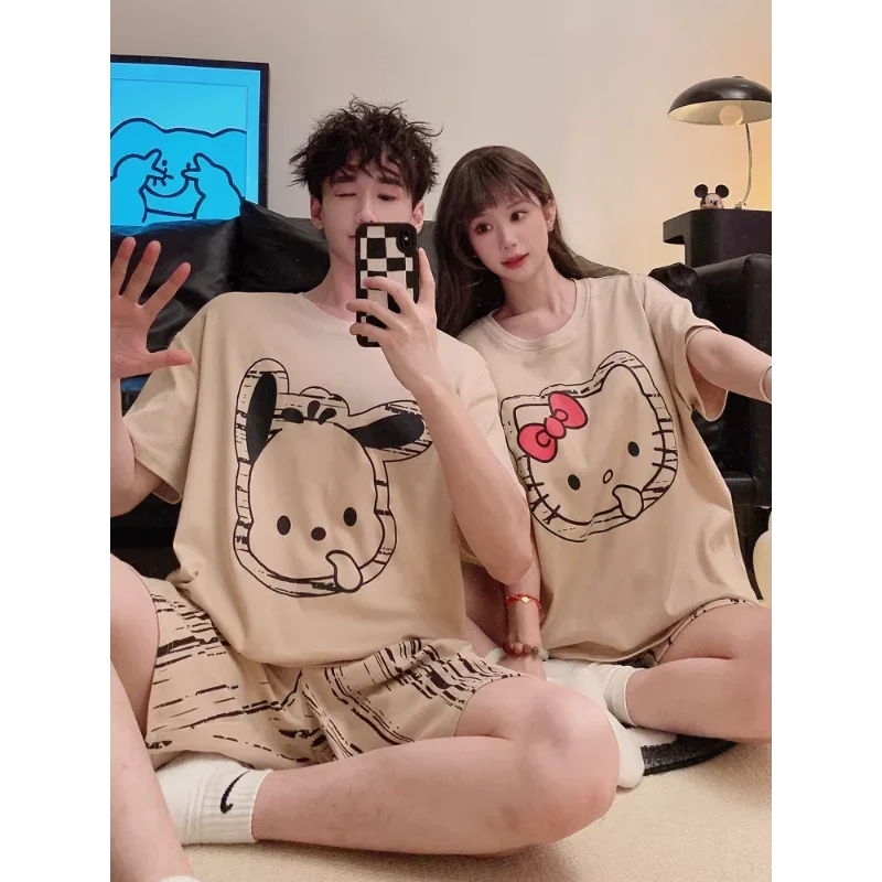 Sanrio-Pijama de seda de Hello Kitty para hombre y mujer, ropa de dormir cómoda y fresca, transpirable, traje de verano para parejas, nuevo