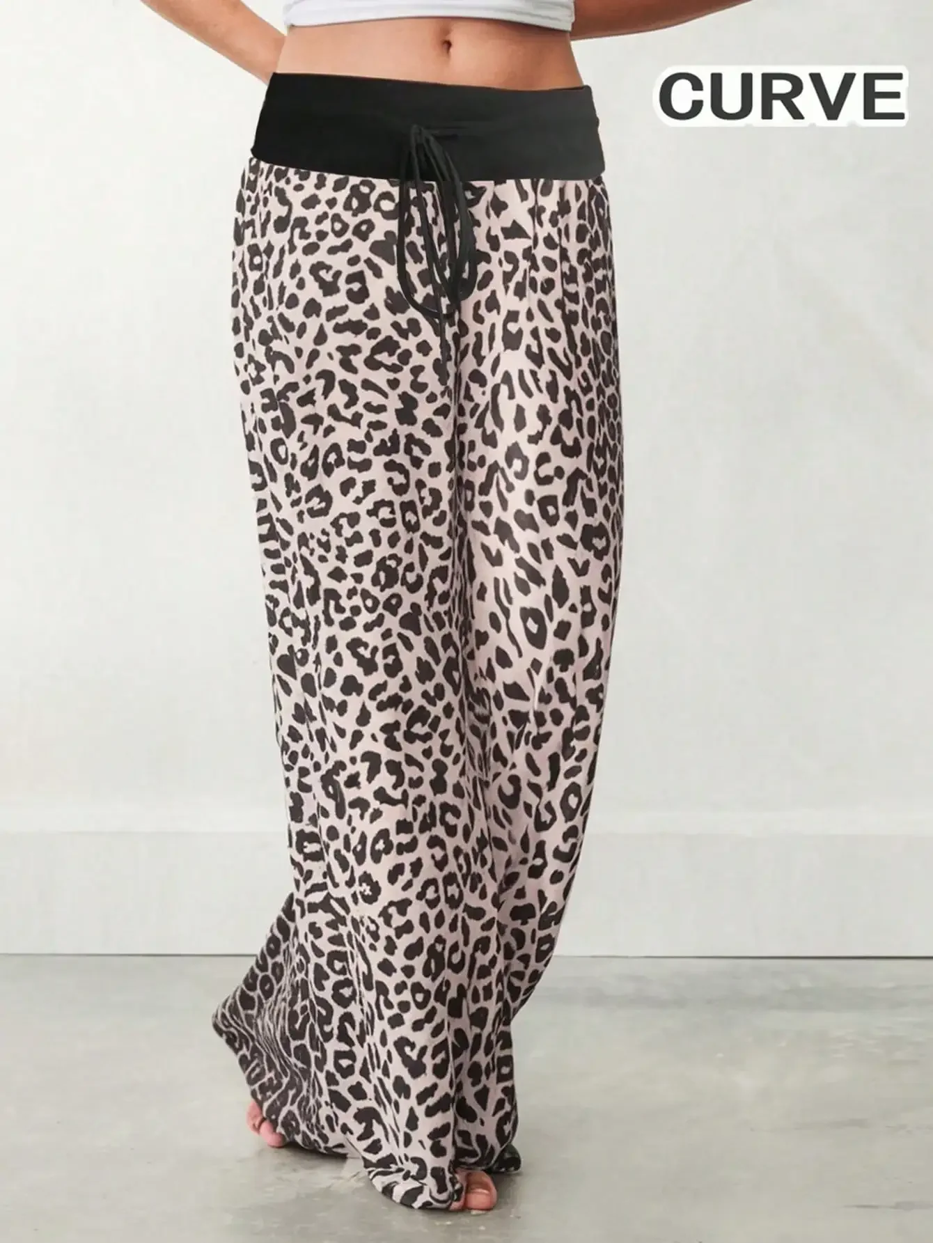 Pantalones de talla grande para primavera y otoño, pantalones de cintura elástica a la moda para mujer, pantalones holgados con cordón y estampado de leopardo, pantalones de piernas anchas
