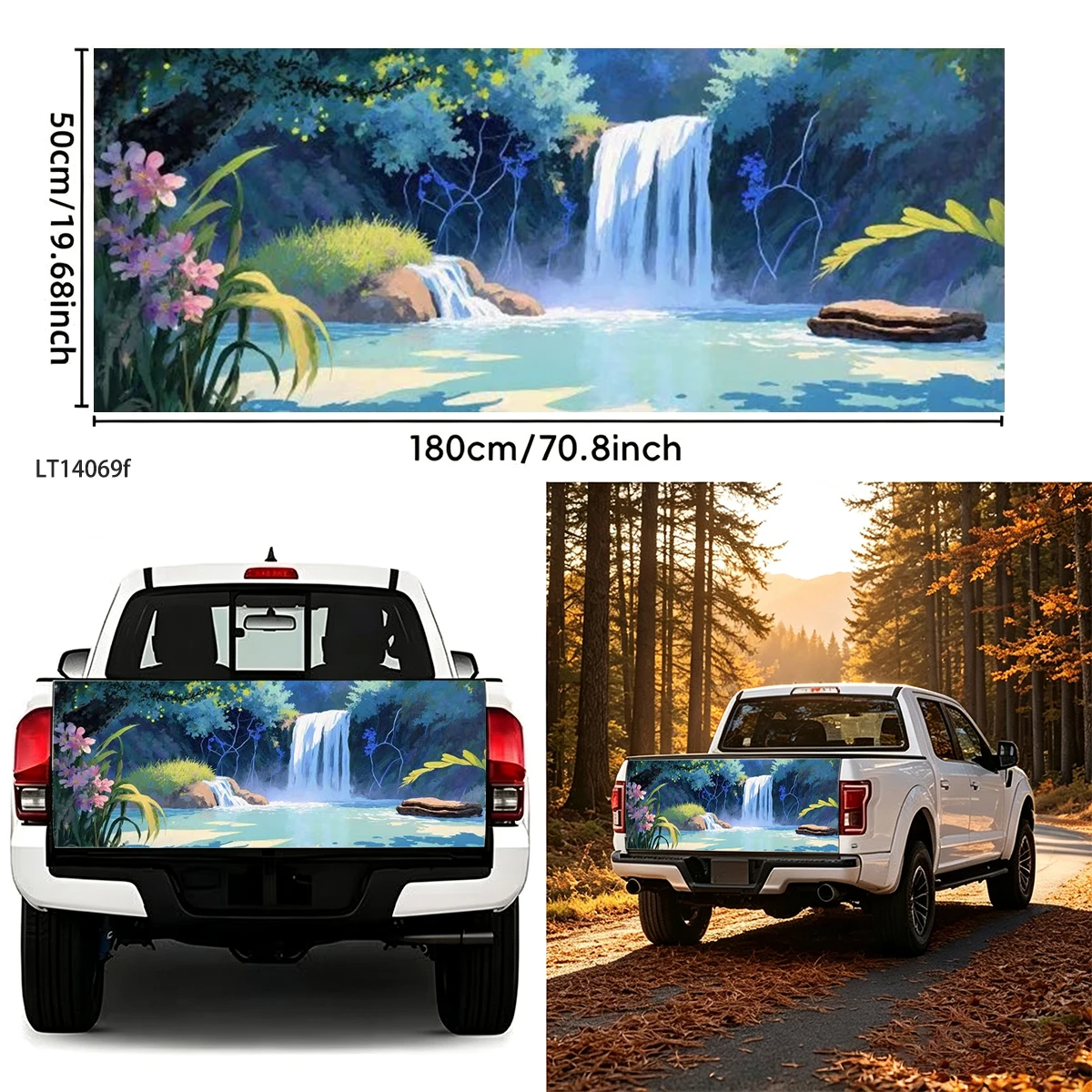Cartoon Jungle Waterfall Wild Flower Scenery Pickup Tailgate Decal Waterproof Vinyl Universal Truck Rear Gate Exterior Mod Decor