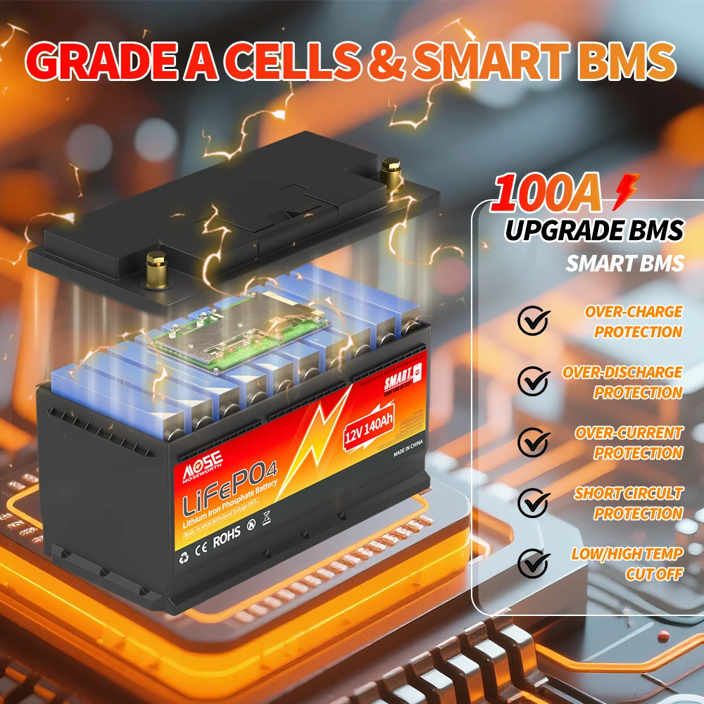 12 فولت 140 أمبير بلوتوث Lifepo4 بطارية ليثيوم 100A الذكية BMS بطارية ليثيوم فوسفات الحديد قابلة للشحن لقارب محركات التصيد