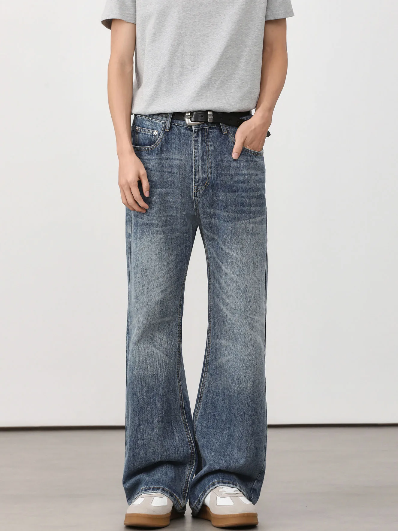 American Simple Micro Flared Jeans For Men Casual Fashionable Retro Washed Loose Male Blue Versatile Denim Pants
