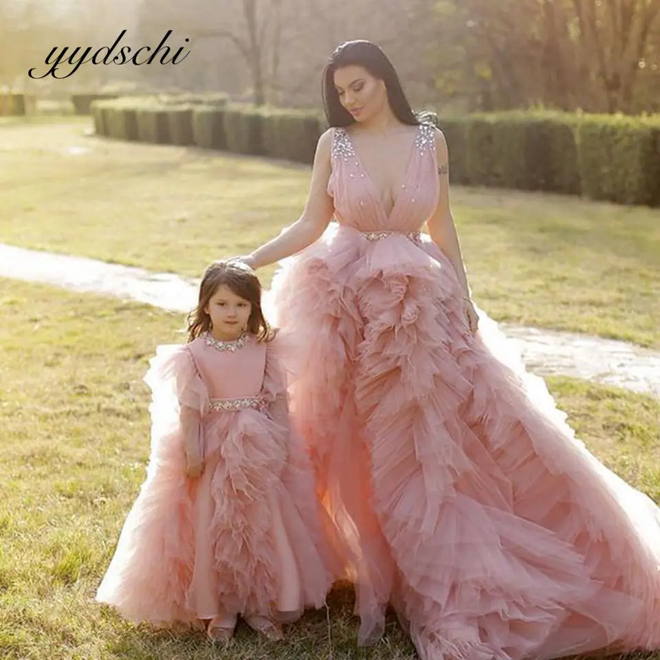 

Customized 2025 Pink Sleeveless Puffy Mother And Daughter Prom Dresses Tulle Beading Evening Gown Kids Birthday Party Dress