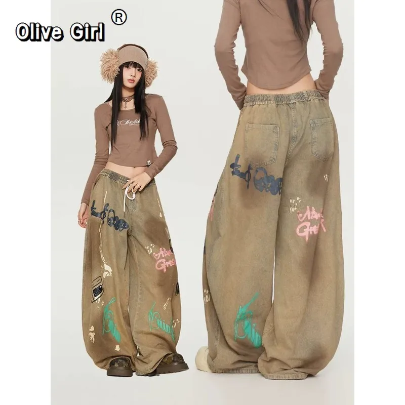 Olivegirl 힙합 데님 청바지 아메리칸 레트로 하이 스트리트 댄스 팬츠 그래피티 빈티지 바지 재즈 걸스 캐주얼 바지 트렌디