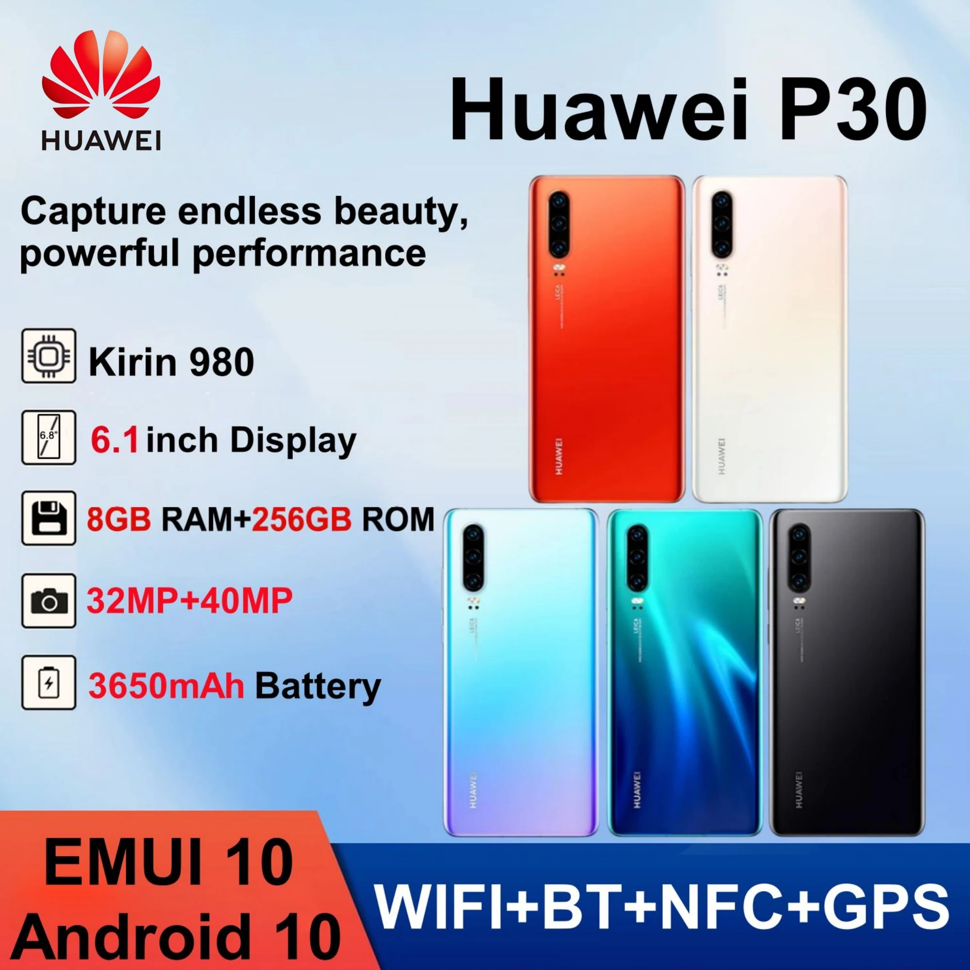 HUAWEI-P30, Smartphone Android, 256 GB ROM, 40 MP Kamera, 6,1 Zoll, 4G Netzwerk-Handys, Dual-SIM, Google Play Store, Mobiltelefone