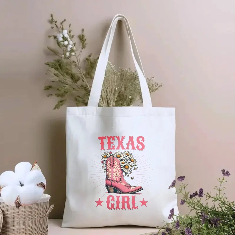 Western Style "Texas Girl" Cowboy Boot Print Canvas Tote Bag Women Casual Shoulder Bag