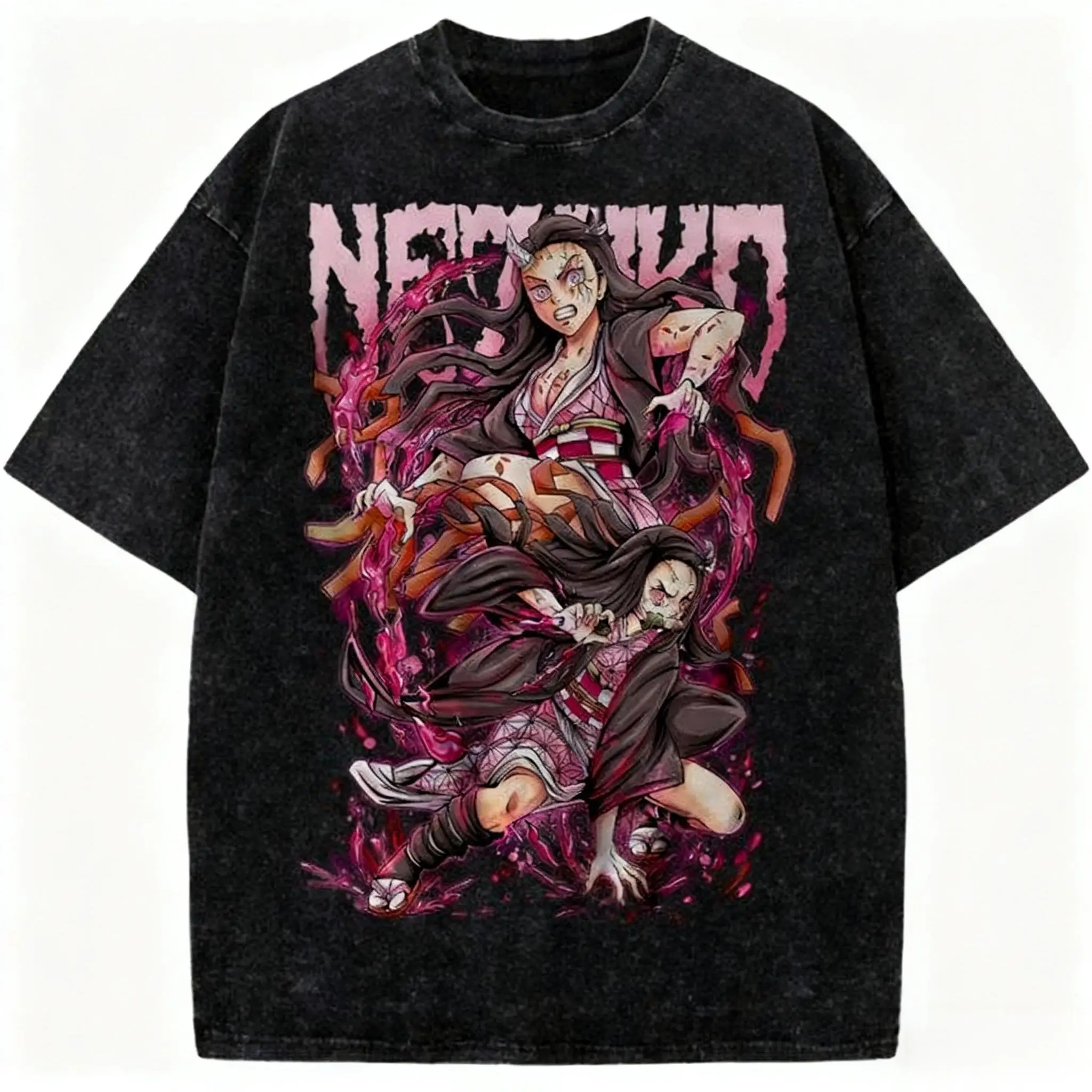 

Demon Slayer Anime Nezuko Printed 2025 Summer New Retro Washed Pattern T-shirt Men's Women's Pure Cotton Casual Top T-shirt