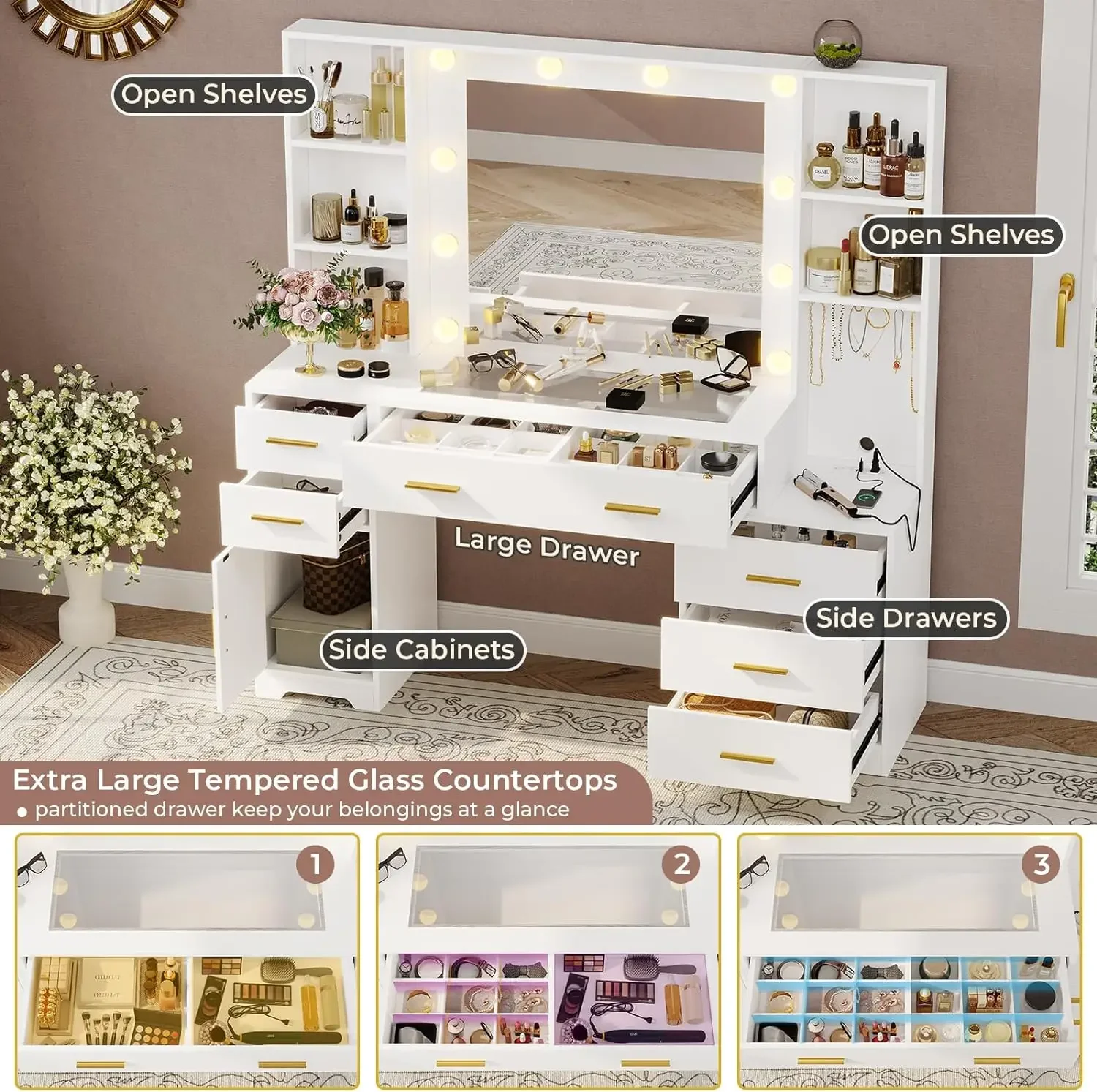 

-- Большой туалетный столик с зеркалом с подсветкой и розеткой. Белый туалетный столик для макияжа с 6 ящиками, 4 полками и 1 местом для хранения.