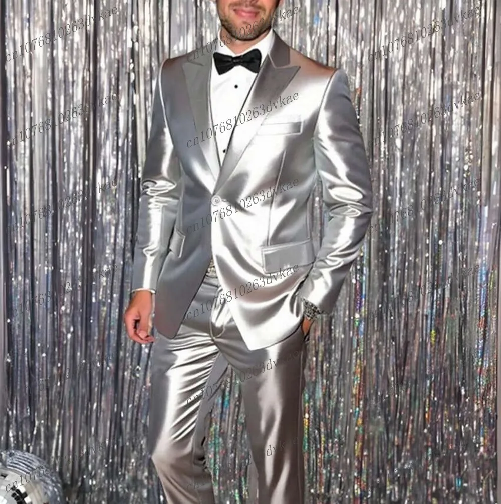 

Shiny Satin Silver Men Suit Party Prom Special Occasions Business Groom Groomsman Wedding Male Tuxedos 2 Piece Set Blazer Pants