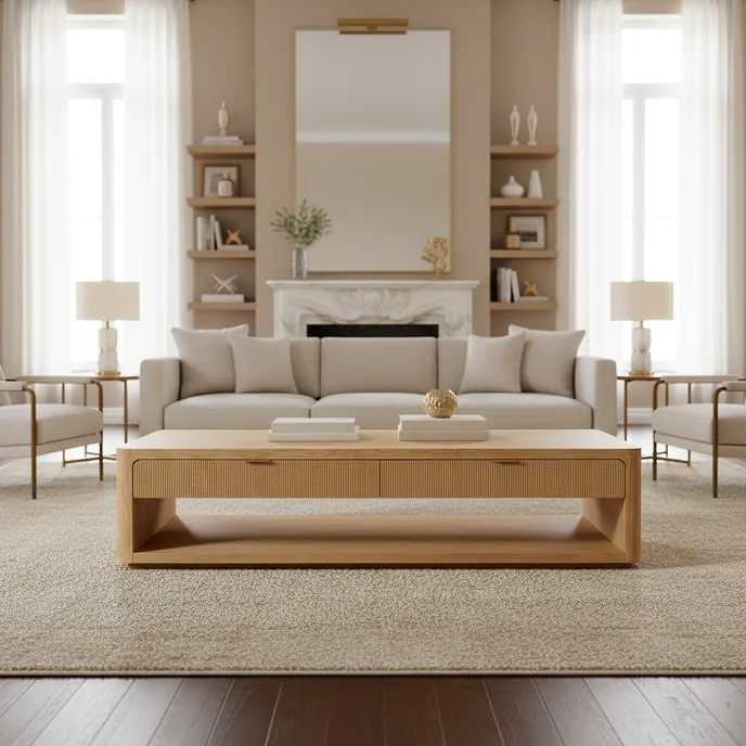 #American Style Solid Wood Reeded Rectangular Coffee Table Luxury Living Room Center Table