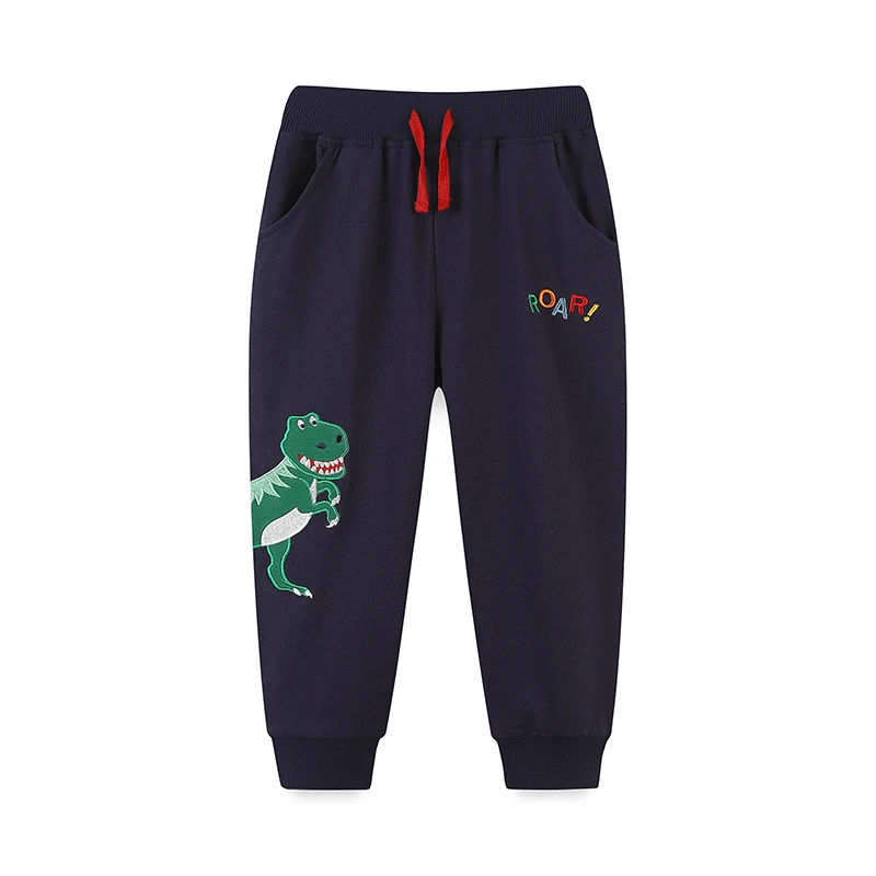 A set of spring and autumn boy casual pants with cartoon dinosaur embroidery pockets and fake drawstring pants 2-7Y