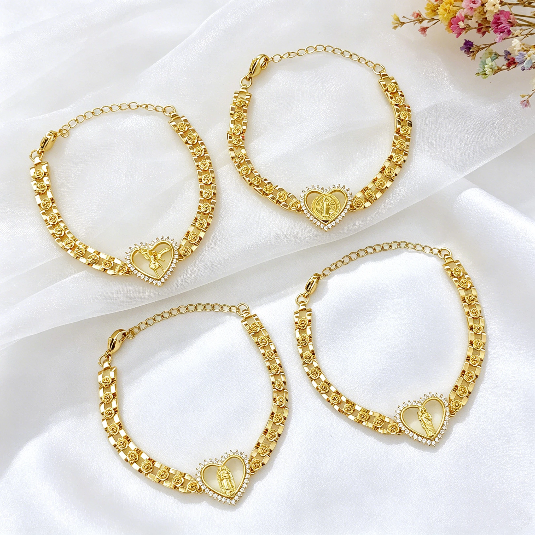 Gold Plated Rose Flower Chain Heart CZ St. Jude Virgin Mary Angel Cross Charm Bracelet Catholic Religious Jewelry For Women Men