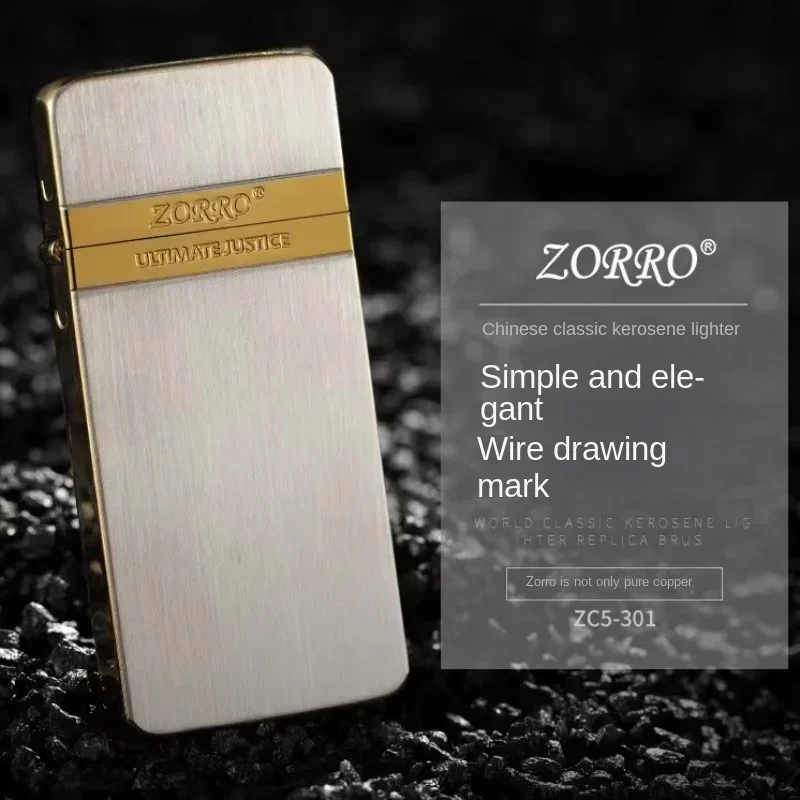 New Original Zorro Thin Pure Copper Kerosene Lighter Flint Wheel Ignition Windproof Cigarette Lighter Smoking Gadget