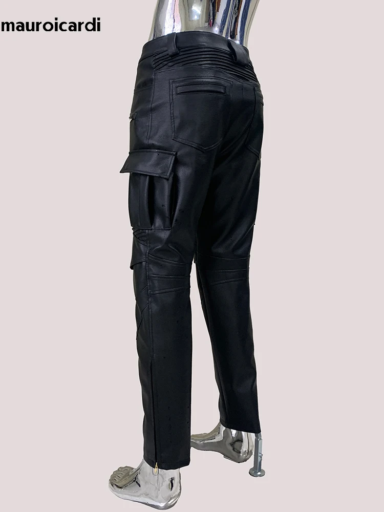 Mauroicardi Spring Cool Fitted Hard Black Pu Leather Moto & Biker Pencil Pants Men High Waist Luxury Designer Emo Clothes 2025