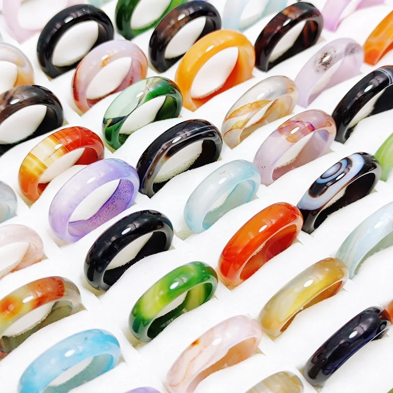 10/20/30Pcs/Lot Vintage MultiColor Natural Stone Agate Rings for Women\'s and Girl Carnelian Charm Finger Ring Jewelry Party Gift