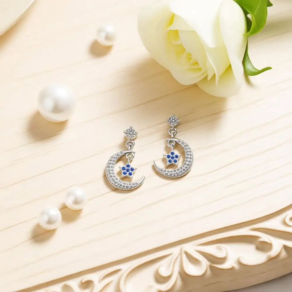Shiny 925 Sterling Silver Star Moon Crystal Zircon Stud Earrings for Women Girls Engagement Party Fashion Jewelry Gift Accessory