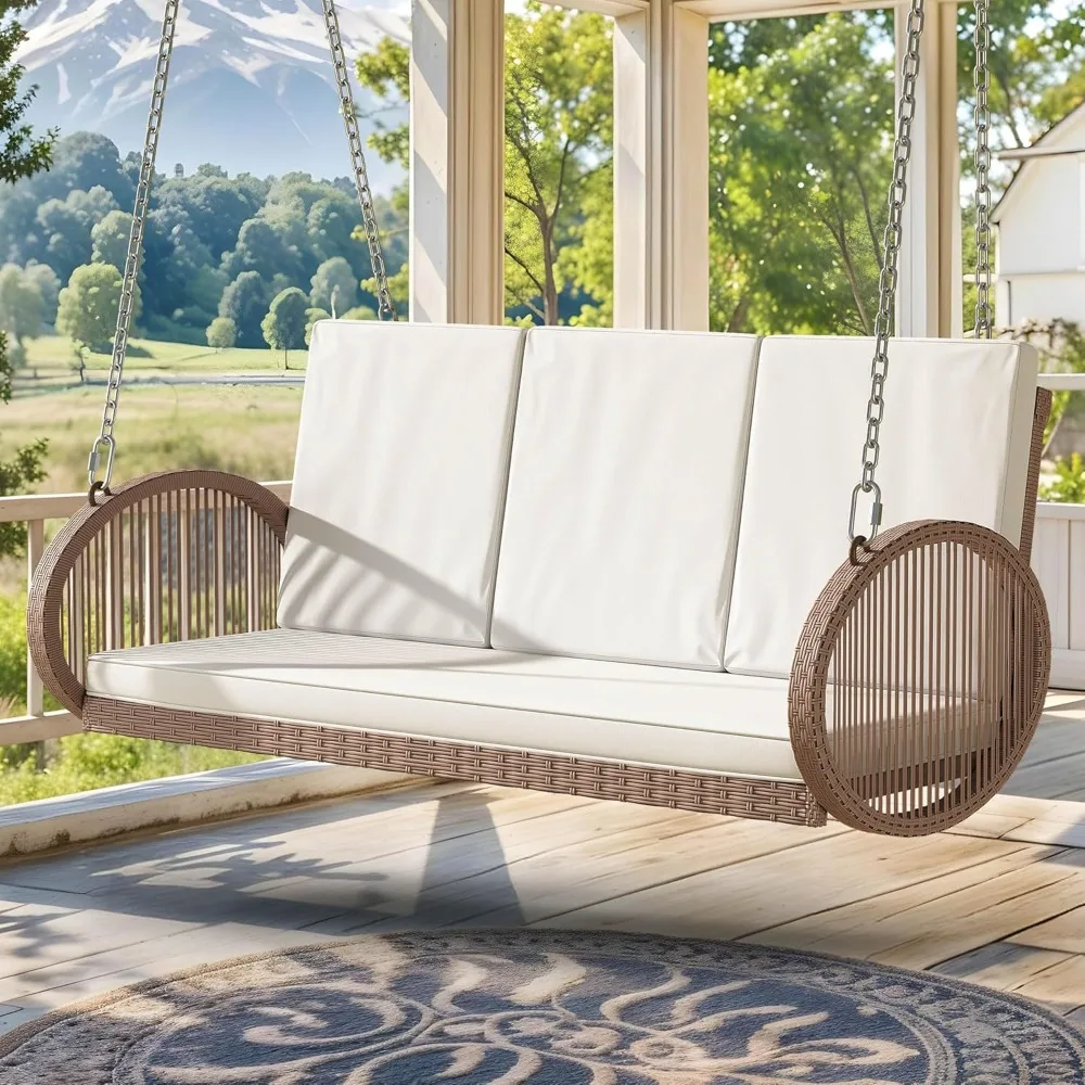 

3-Person Wicker Porch Swing with Cushions, Outdoor Hanging Swing Chair with Oval Armrests, Iron Frame, 800lbs Capacity