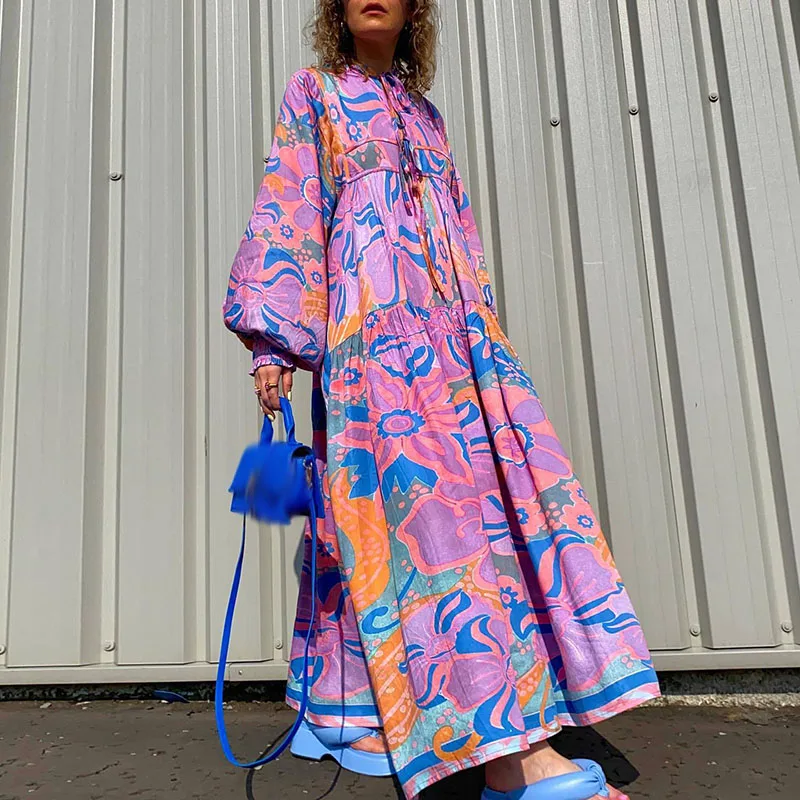 Damska Boho kwiatowy Print sznurowana sukienka Maxi Casual Vintage latarniowy rękaw luźna sukienka trapezowa moda jesienna wakacyjna plisowana