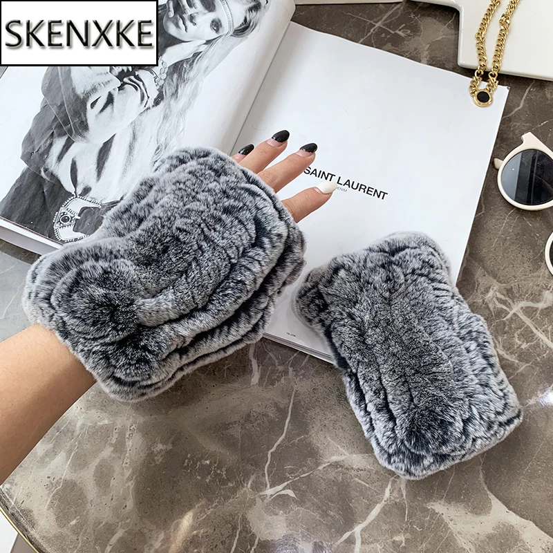 

New Arrivals Women 100% Real Knitted Rex Rabbit Fur Mittens Winter Warm Lady Real Fur Fingerless Gloves Handmade Knit Fur Mitten