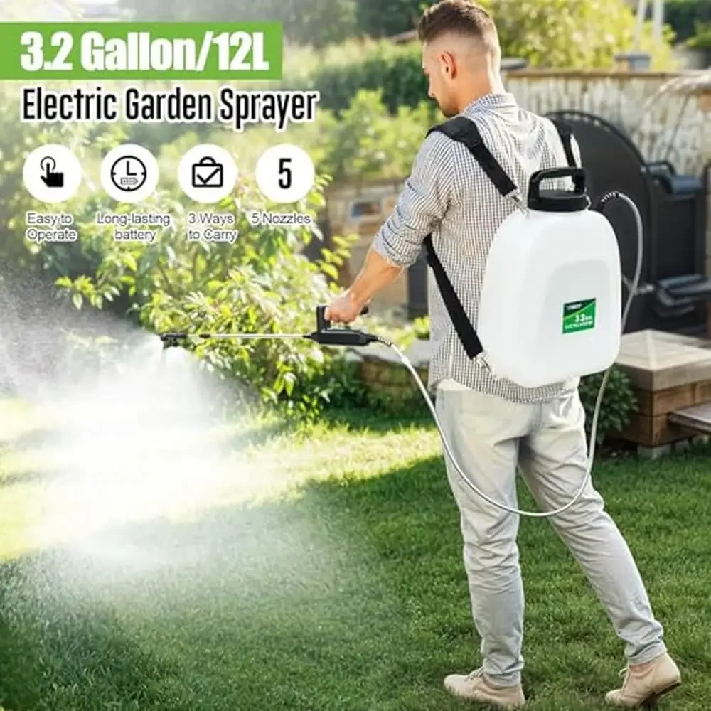 3.2 Gallon Battery Powered Backpack Garden Sprayer w/ 5 Mist Nozzles USB Rechargeable 32