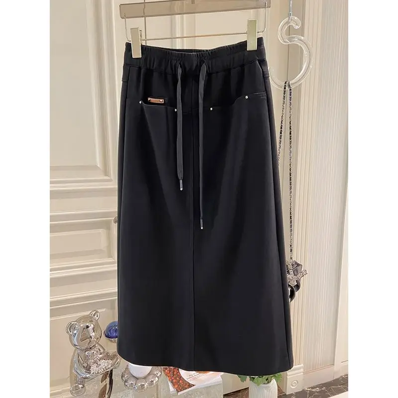 2024 New Temperament American Style Solid Color Drawstring Women's Versatile High Waist A-line Split Mid Length One Step Skirt