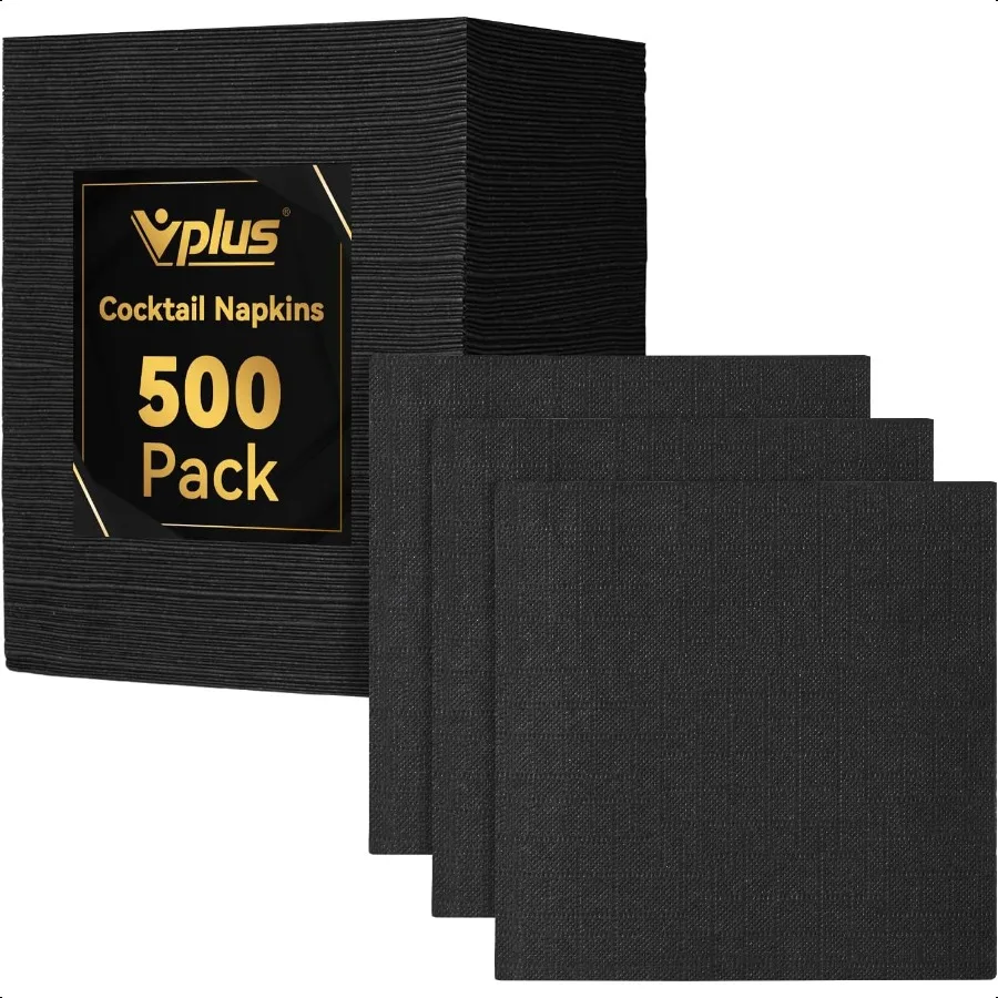 กระดาษเช็ดปากค็อกเทลสีดำ 500 แผ่น กระดาษเช็ดปากเครื่องดื่มแบบหรูหรา 3 ชั้น ขนาด 4.9x4.9 นิ้ว เหมาะสำหรับร้านอาหาร บาร์ งานปาร์ตี้ งานแต่งงาน