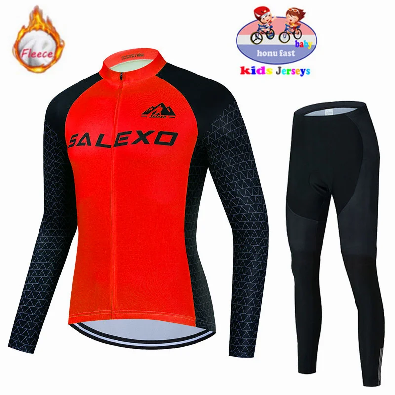 2023 Winter Kids Cycling Jersey Sets Thermal Fleece Fashion Outdoor Riding Bike MTB Clothing Boy/Girl Long Sleeve Clothing Suit