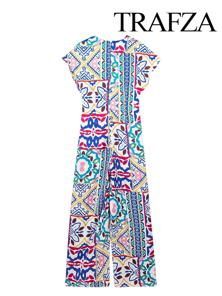 Babyoung Woman Zomer Mode V-Hals Zijde Satijnen Print Dames Nieuwe Slanke Korte Mouw Rits Enkellengte Bohemian Jumpsuit