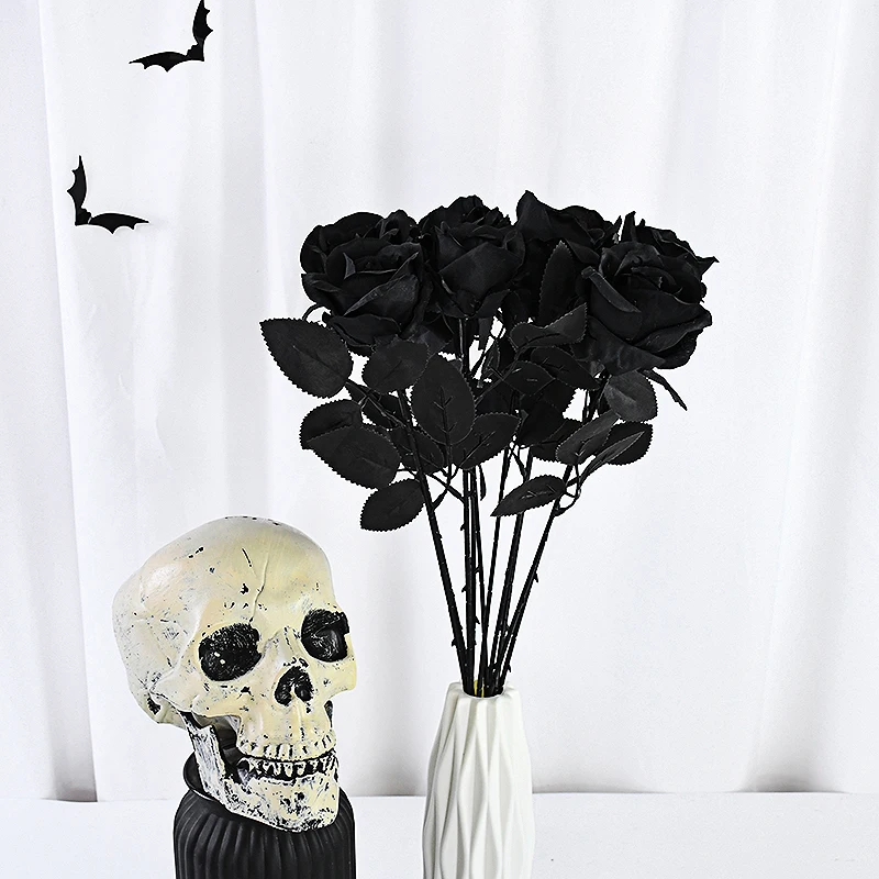 5pcs Pure Black Rose Halloween Ghost Festival Horror Gothic Style Bouquet Dark Series Decoration Home Garden Room Decoration