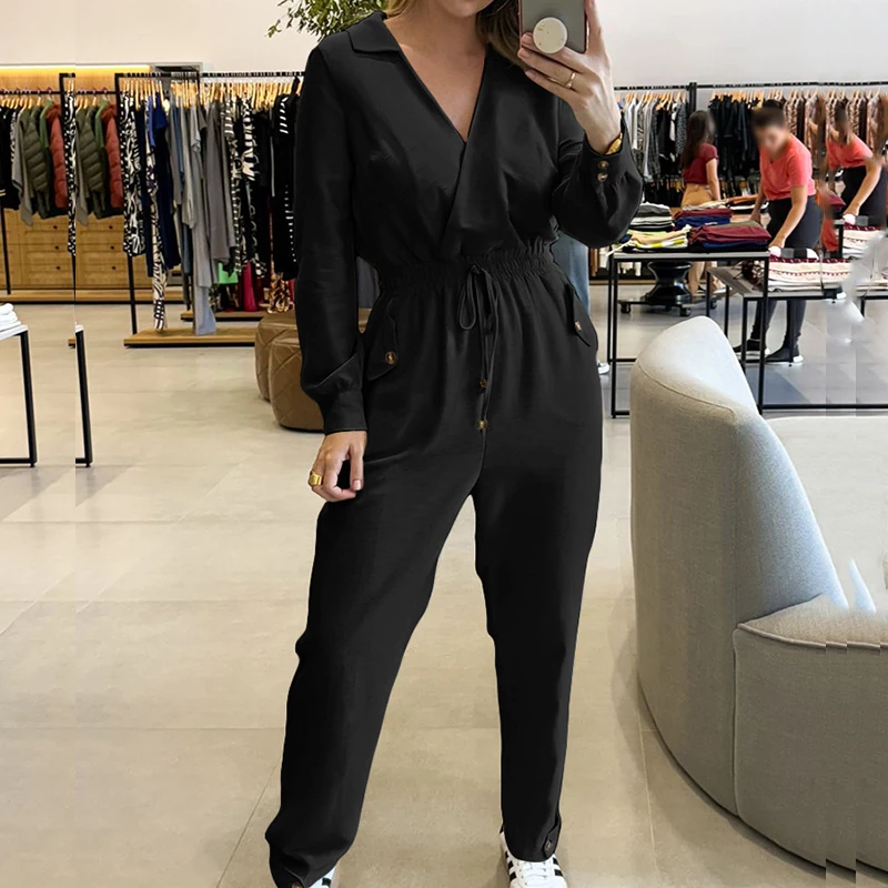 

Women Autumn Lapel Collar One Piece High Street Elastic Drawstring Long Jumpsuit Temperament Solid Color V-neck Office Romper