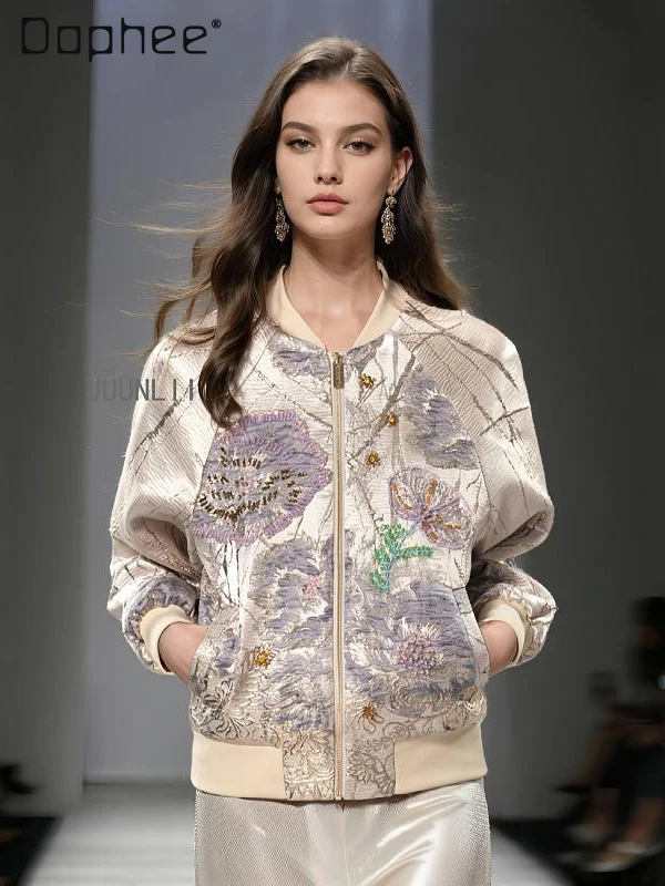 

2025 Spring New Heavy Industry Embroidered Baseball Jacket High-end Light Ripe Wind Bead Diamond Loose Casual Short Jacket Women