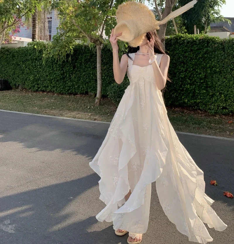 

2025 Summer New Korean Fashion Sundress Embroidery Sleeveless Female Clothing Beach Holiday Elegant Party Long Dresses for Women
