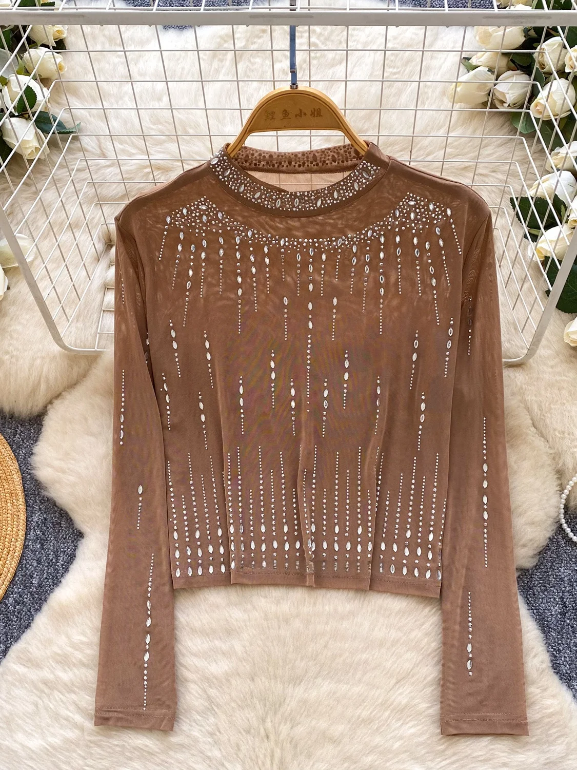 

Ele Heavy-Du Rhinestone Long Sve Slim Fit Thin Me irt Women's Autumn Faionable T-irt Korean Sle Commute