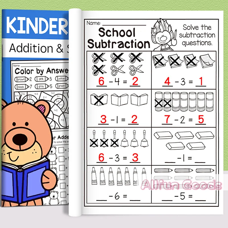 32-Page Interactive Math Learning Workbook With Addition & Subtraction Worksheets, Crossword Puzzles, Colorful Math Activities