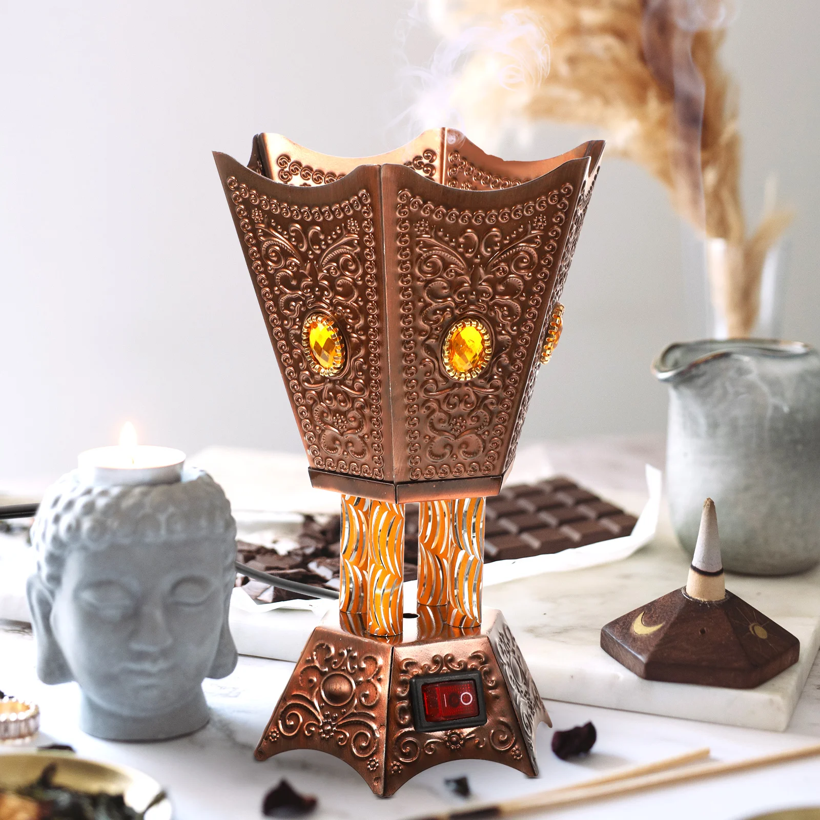 Electric Censer Burner Table Burner Ornament Censer Holder Metal Incense Burner Incense Holder (EU/UK/US Plug)