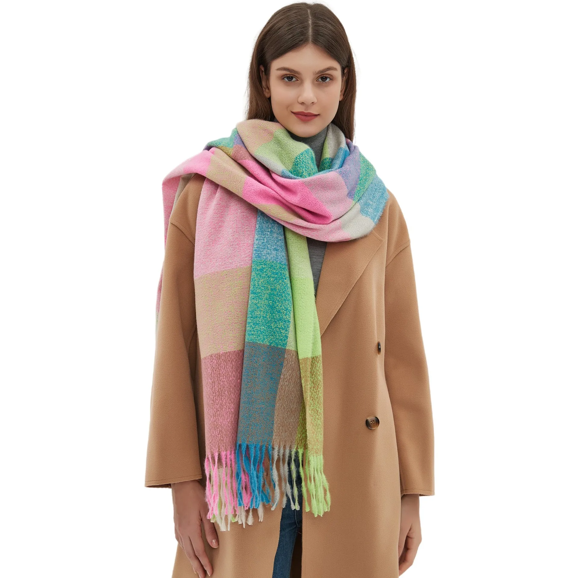 

2023 New Plaid Scarf Women Autumn Winter Thickened Tassel Rainbow Color Scarf Shawl