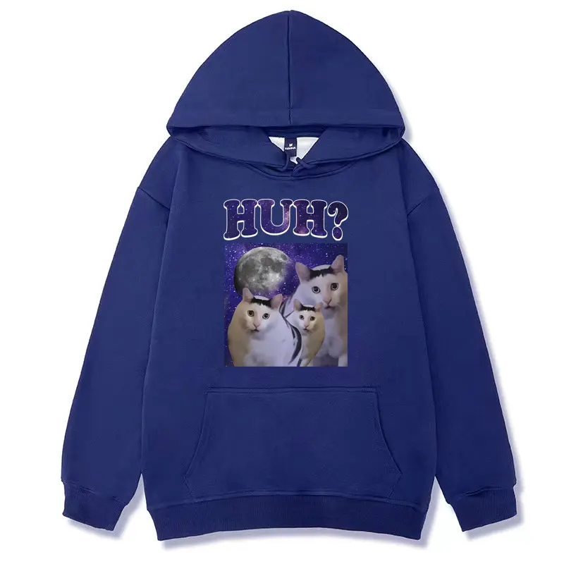 Funny Huh Meme Cat Humor Hoodie Trending Unisex Fashion Vintage Style Sweatshirt Men's Casual Fleece Oversized Pullovers Hoodies