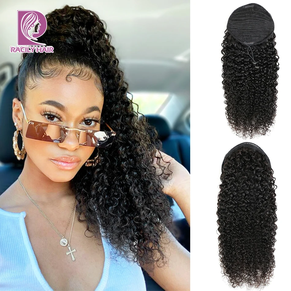 Racily Hair Afro Kinky Curly Ponytail Human Hair Brazilian Drawstring Ponytail Clip In Hair Extensions 100% Remy Human Hair Tail