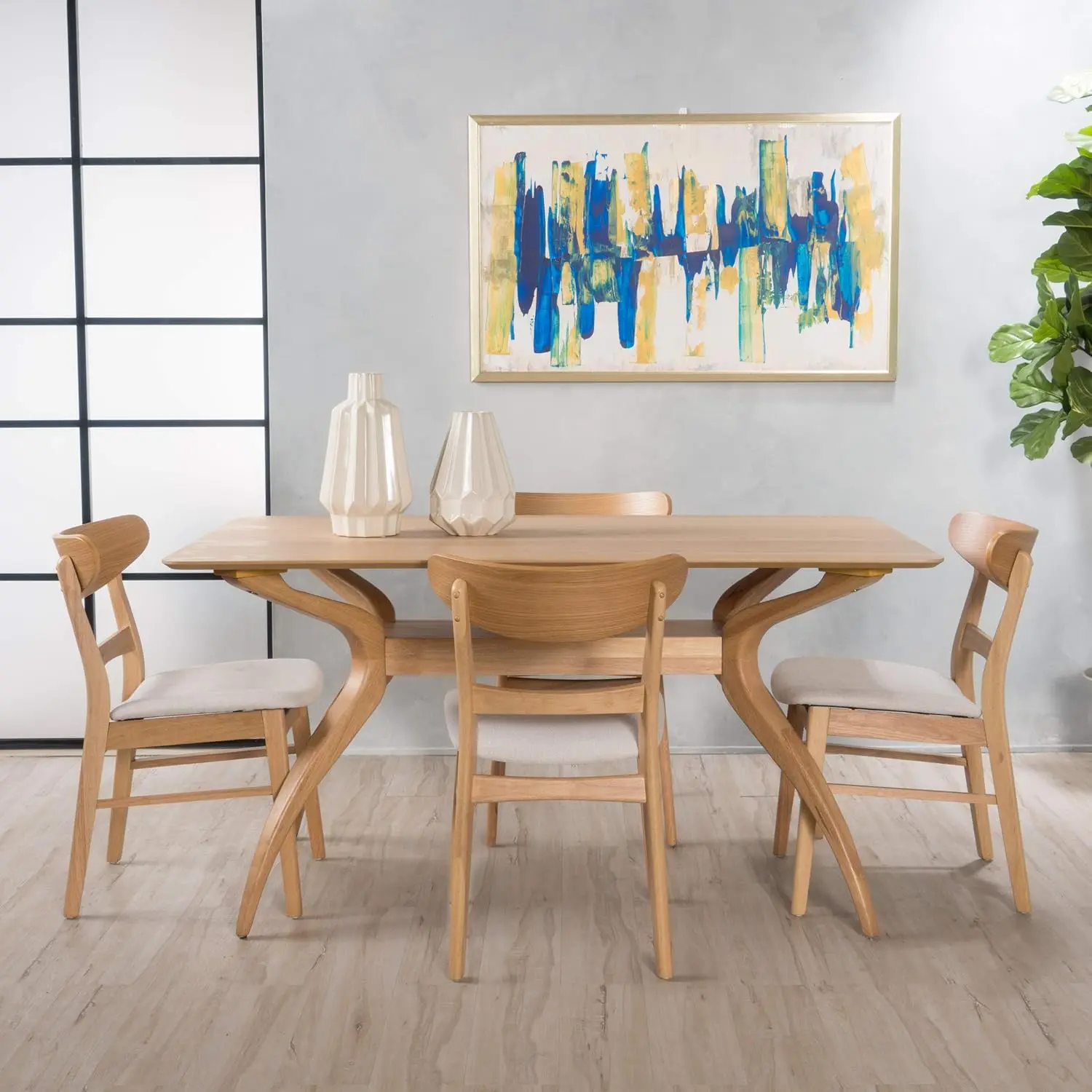 

Christopher Knight Home Idalia Curved Leg Rectangular Dining Set, 5-Pcs Set, Natural Oak / Light Beige