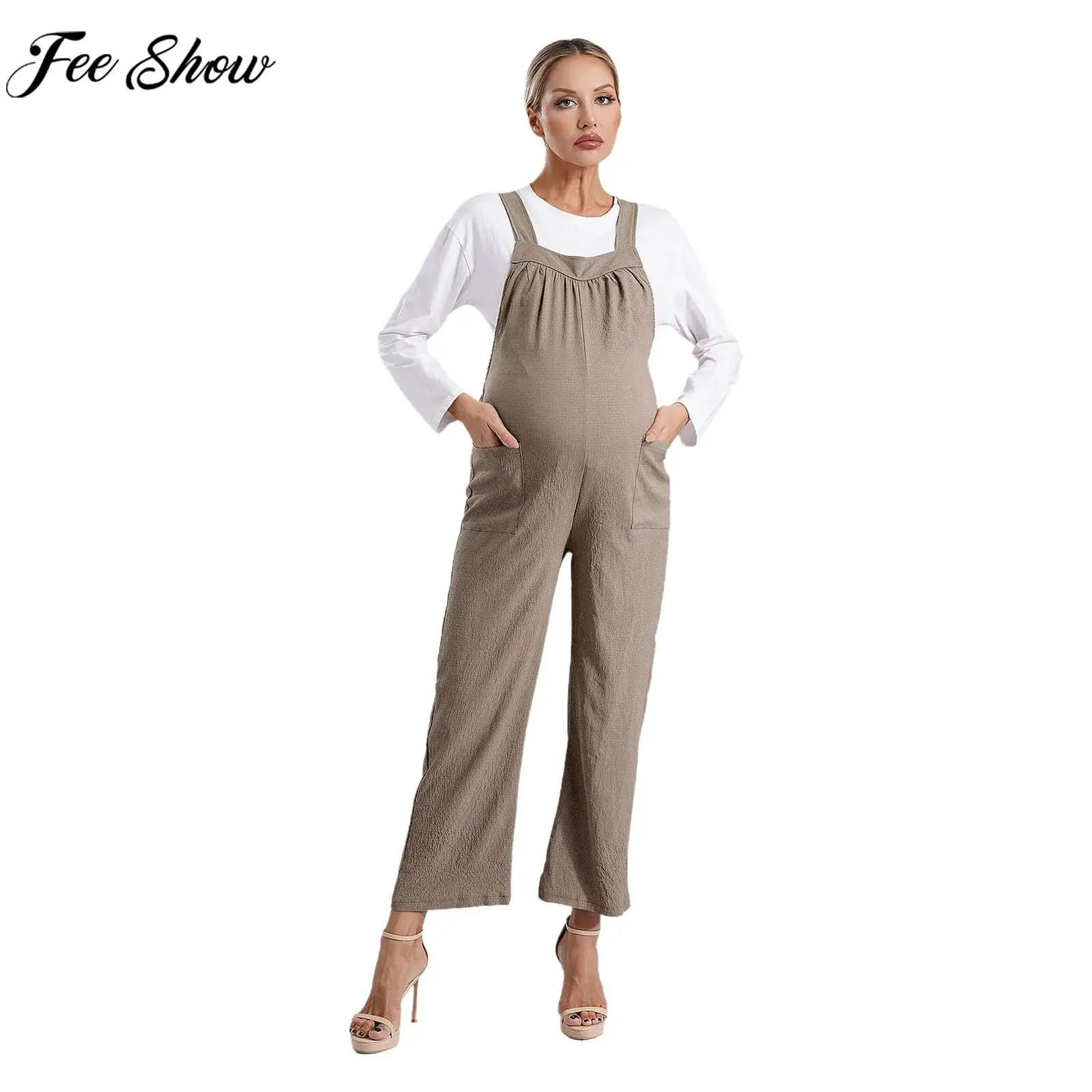 Maternity Summer Casual Loose Overalls Sleeveless Square Neck Wide Leg Jumpsuit Pants Daily Office Home Photography Costume