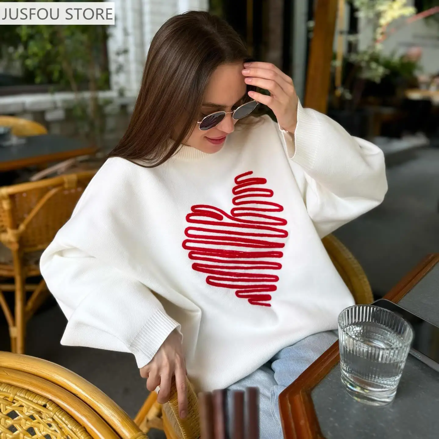 

Весенне-осенний красный свитер Love, женский пуловер с круглым вырезом, нишевый стиль, ленивый стиль, свободный повседневный свитер для девочек