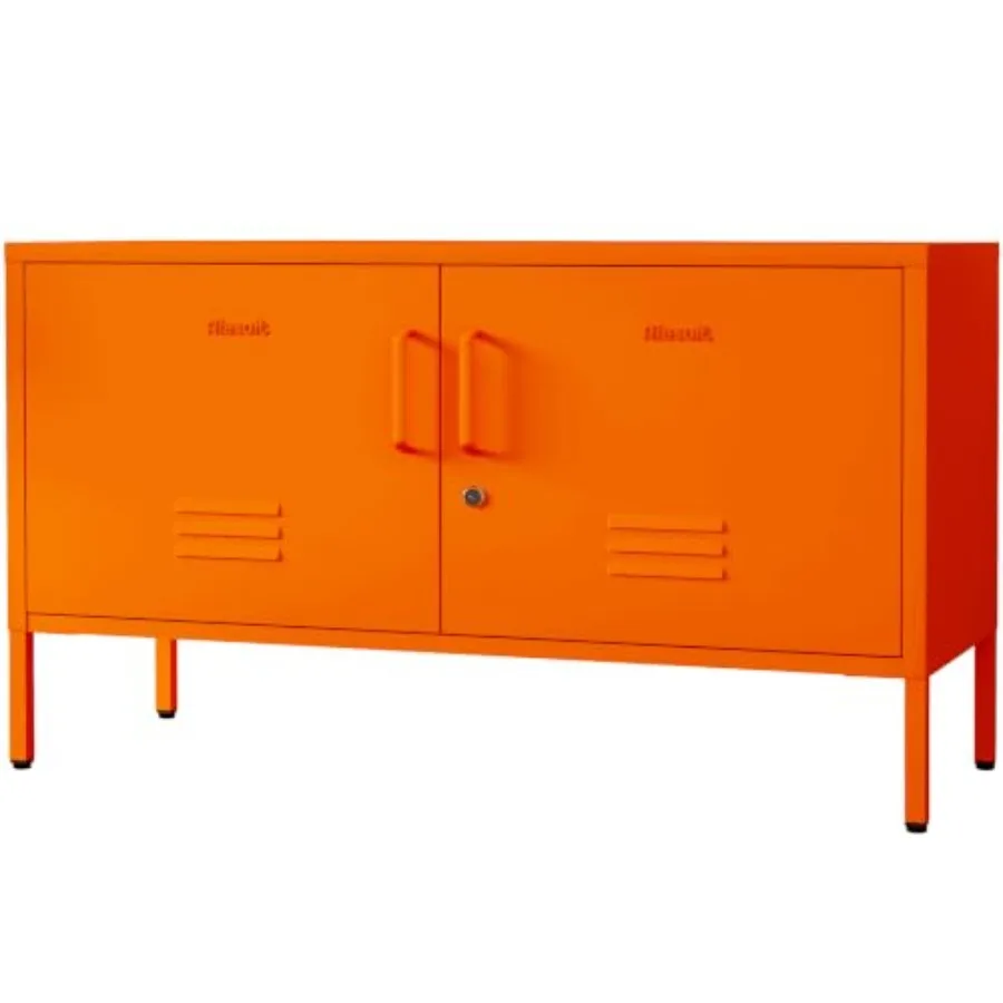 Orange Wide 2-Door Lockable Metal TV Stand for Home/Bedroom/Entryway/Hallway: Heavy Duty Steel, Adjustable Shelves, Storage Loc