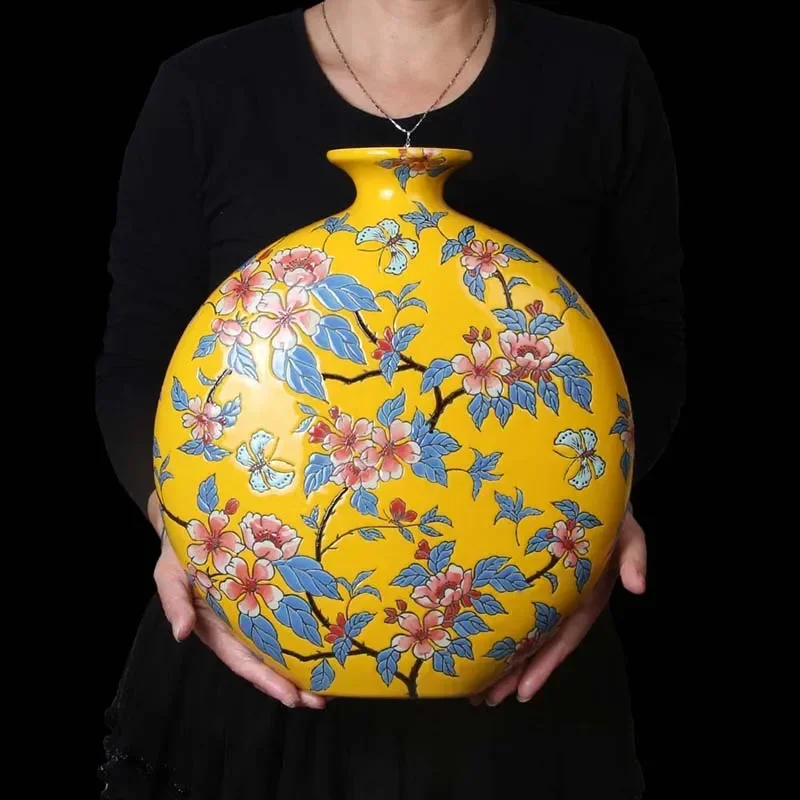 Vase Runde Gelbe Keramikvasen Blumenbaum Design Chinesische Mondvase Keramik Moderne Wohnzimmer Ornamente Tischvase Dekorationen