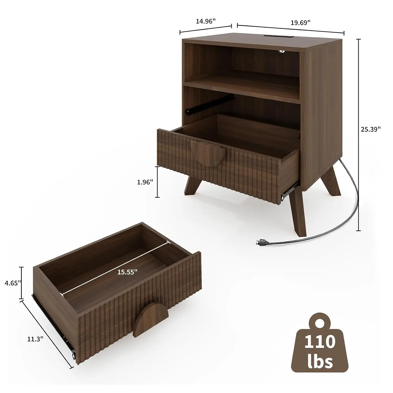 Fluted Wood Nightstand with Charging Station, 2-Drawer Table with Open Shelf USB & Power Outlets for Bedroom, Customized