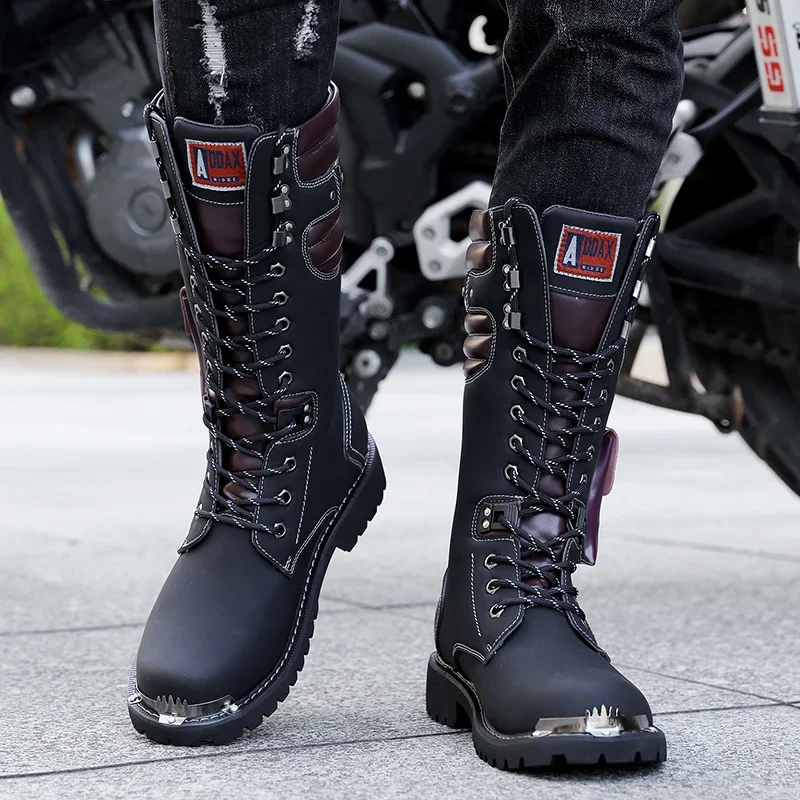 Fashion Punk Motorcycle Boots Men Boots Winter High Heel Casual Lace-up Leather High Black Biker Solid Boot Military Men Shoes