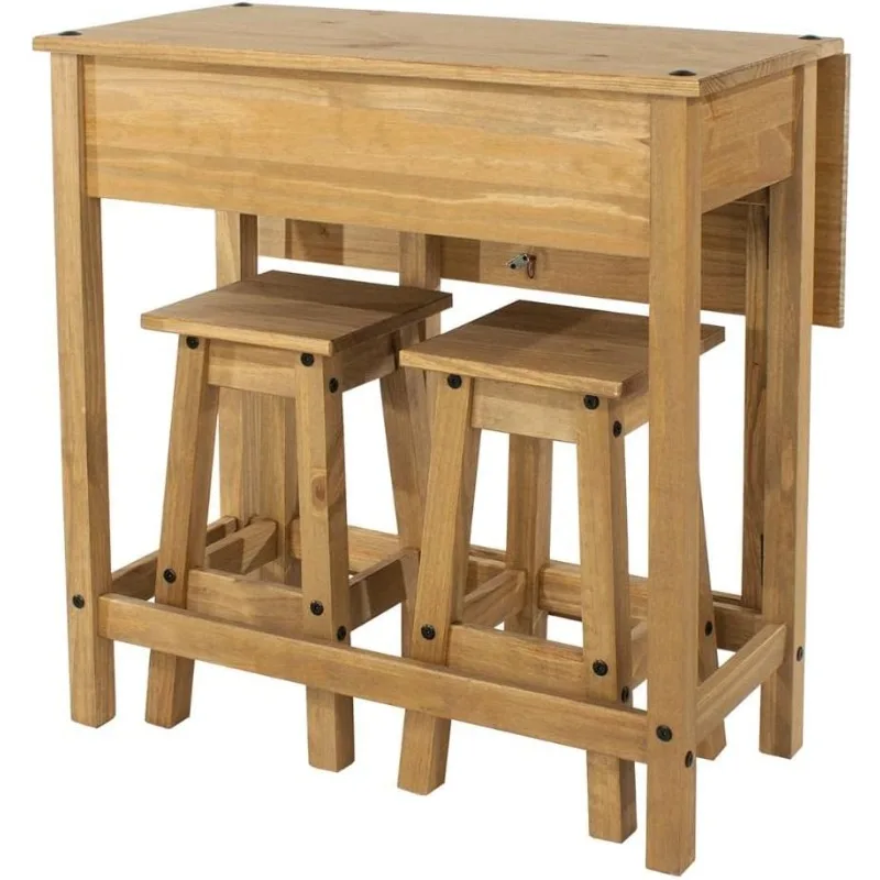 Furniture Dash Wood Breakfast Set of Drop Leaf Table with 2 Stools, Solid Wood, Compact and Small Kitchen Table