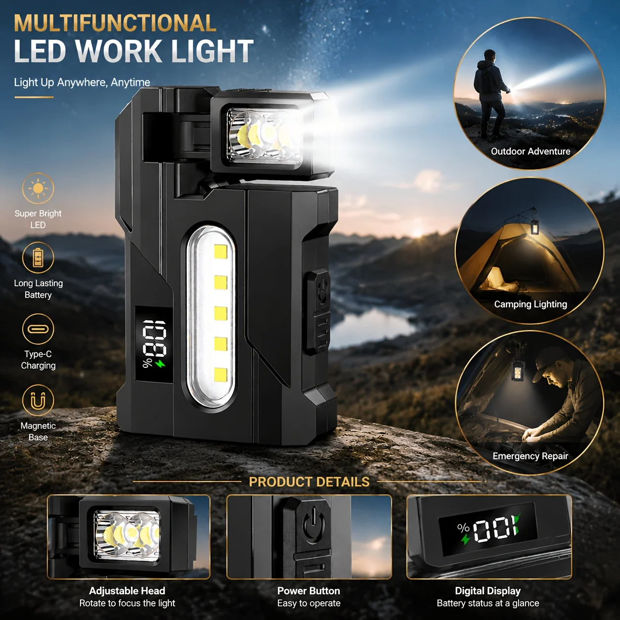 Multi-functional Ultra-Bright EDC Flashlight Rotating Head Torch Outdoor COB Red/Blue Emergency Light Tail Magnet Work Lamp